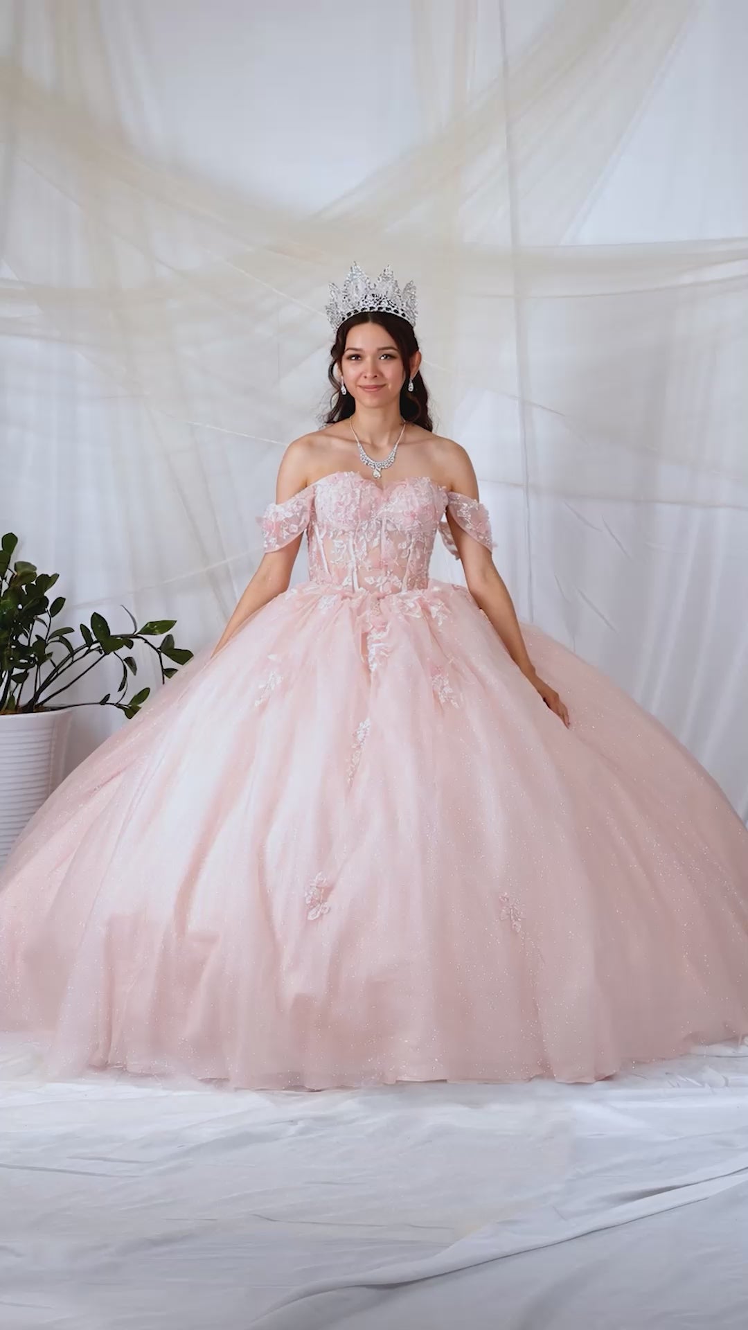 Video of Pink Quinceañera Dress with 3D Butterfly Sheer Bodice and Sparkling Glitter Tulle Skirt