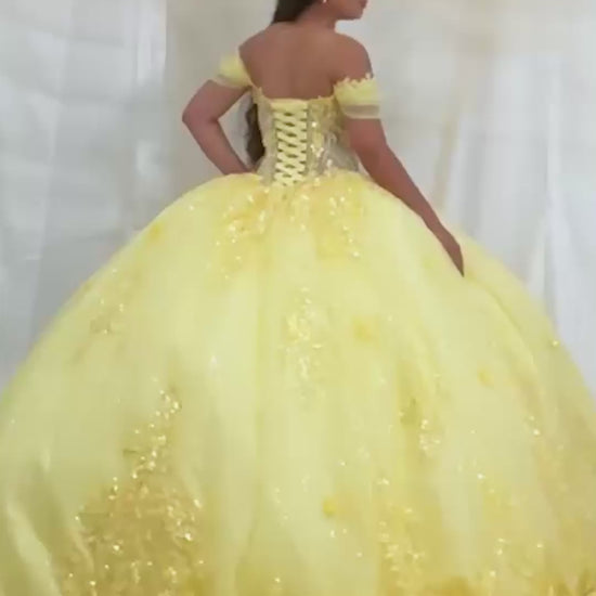 Video of Yellow Quinceañera Dress with Illusion Corset Bodice, 3D Floral Applique and Beaded Embroidery