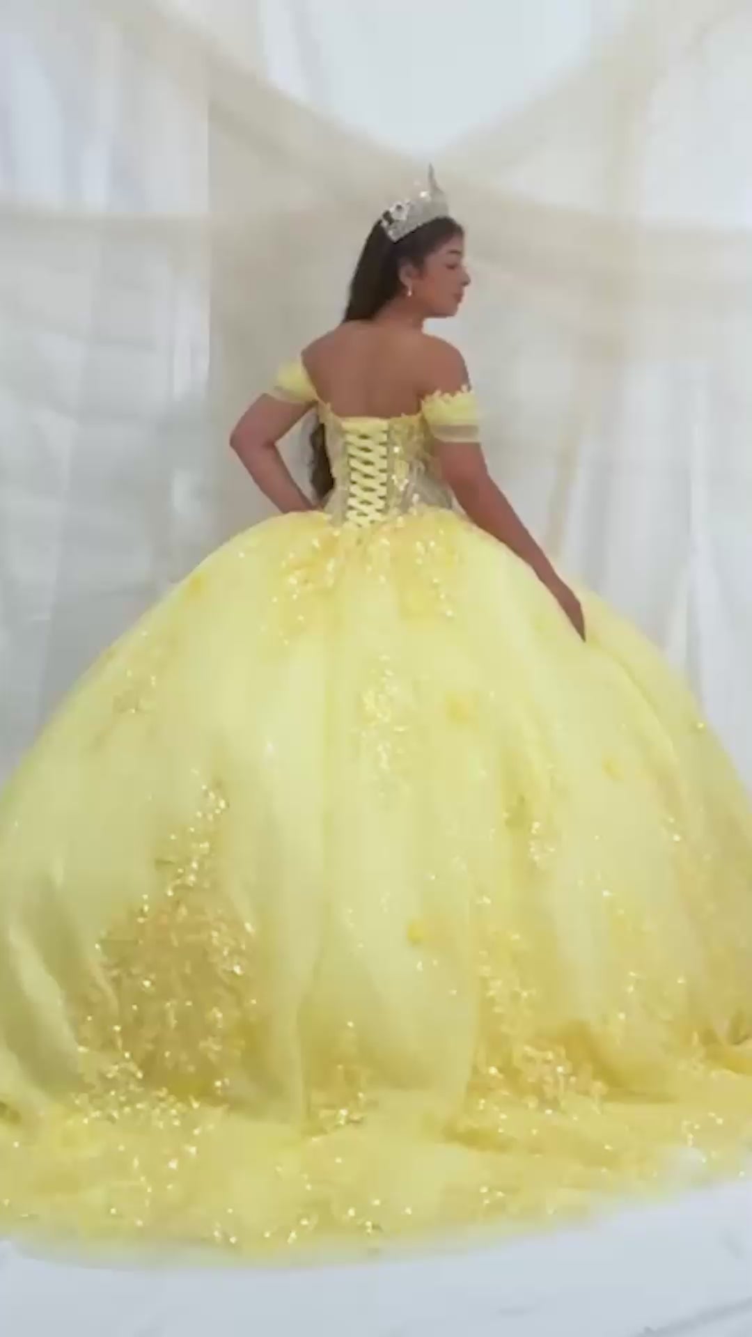 Video of Yellow Quinceañera Dress with Illusion Corset Bodice, 3D Floral Applique and Beaded Embroidery