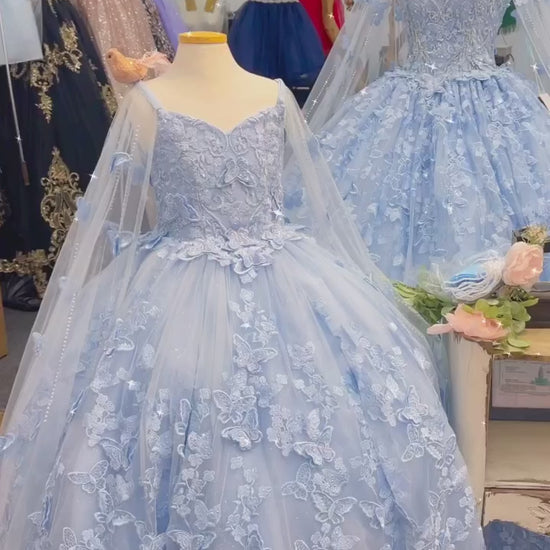 Mini Quince | Blue 3D Butterfly Floral Off-Shoulder Mini Quinceanera 3-Anos Ballgown with Cape | Aida dress | 2 Colors Available video