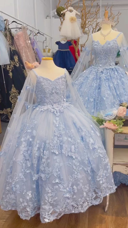 Mini Quince | Blue 3D Butterfly Floral Off-Shoulder Mini Quinceanera 3-Anos Ballgown with Cape | Aida dress | 2 Colors Available video