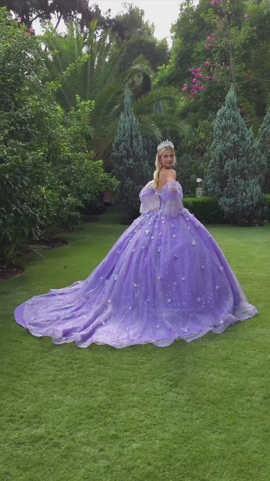 Quinceañera | Lilac 3D Floral, Butterfly Ball Gown with Detachable Puff Sleeves | Esme dress Video