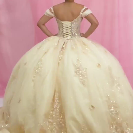 Video of Champagne Quinceañera Dress with Illusion Corset Bodice, 3D Floral Applique and Beaded Embroidery