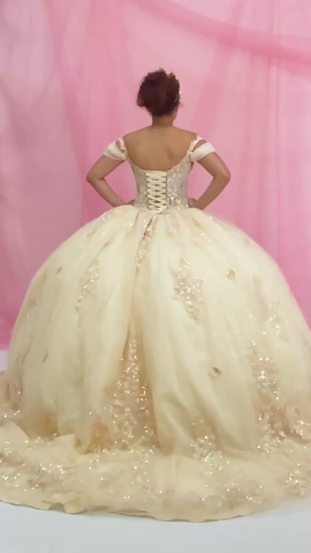 Video of Champagne Quinceañera Dress with Illusion Corset Bodice, 3D Floral Applique and Beaded Embroidery