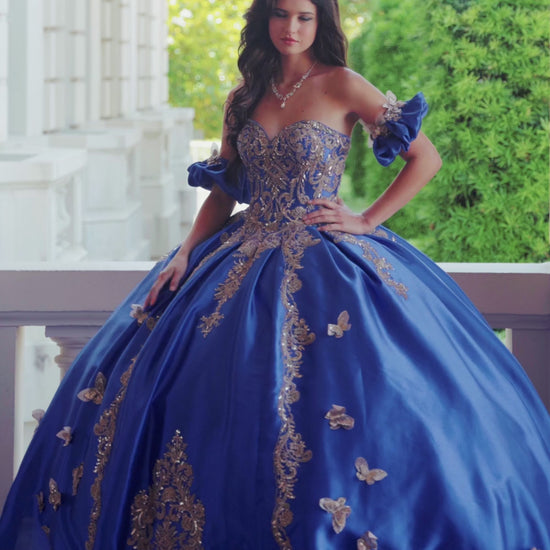 Royal Blue Gold Butterfly Accented Quince dress with Removable Pouf Arm Cuffs front view video