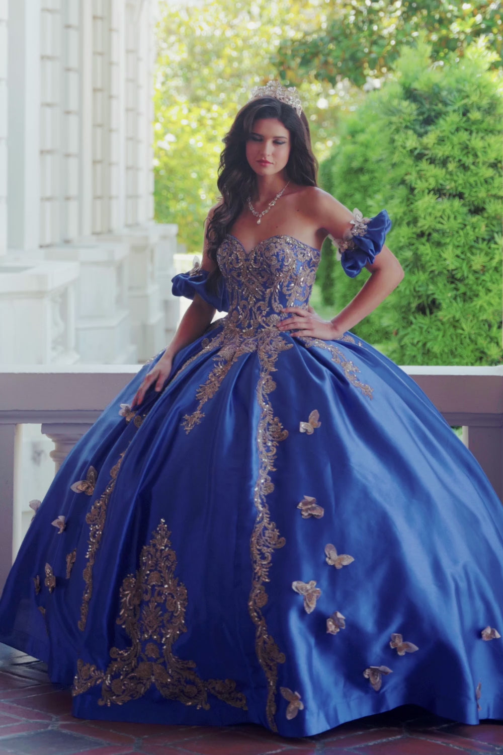 Royal Blue Gold Butterfly Accented Quince dress with Removable Pouf Arm Cuffs front view video