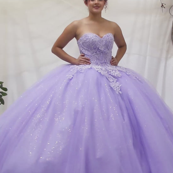 Video of Lilac Quinceañera Dress with Removable Ruffle Sleeves, Beaded Bodice, Glitter Tulle and Cape