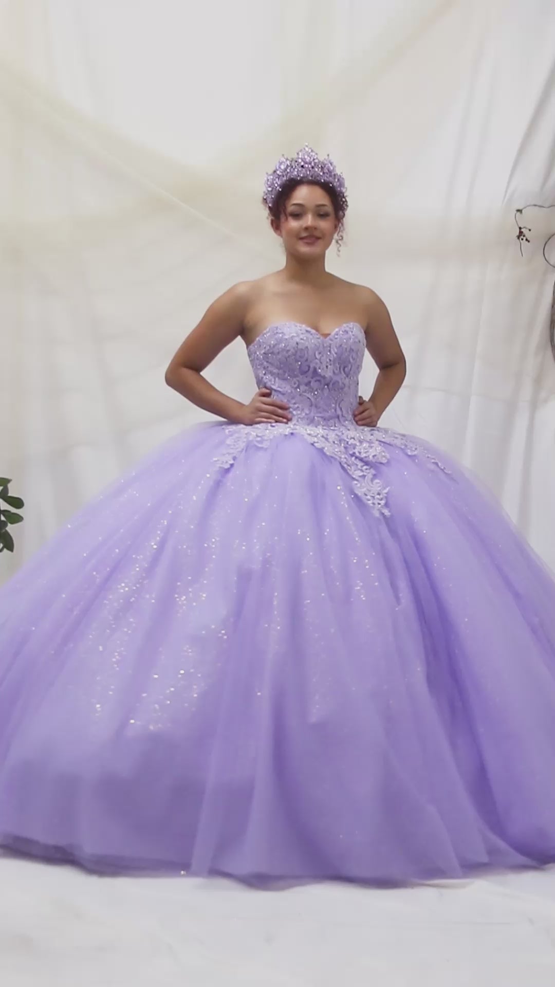 Video of Lilac Quinceañera Dress with Removable Ruffle Sleeves, Beaded Bodice, Glitter Tulle and Cape