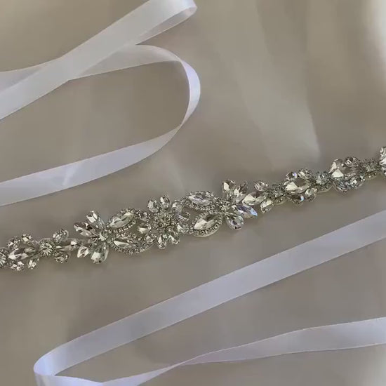 Flower Girl Rhinestone Sash Belt | Crystal Floral Motif Sash - video