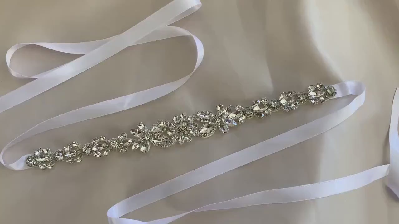 Flower Girl Rhinestone Sash Belt | Crystal Floral Motif Sash - video