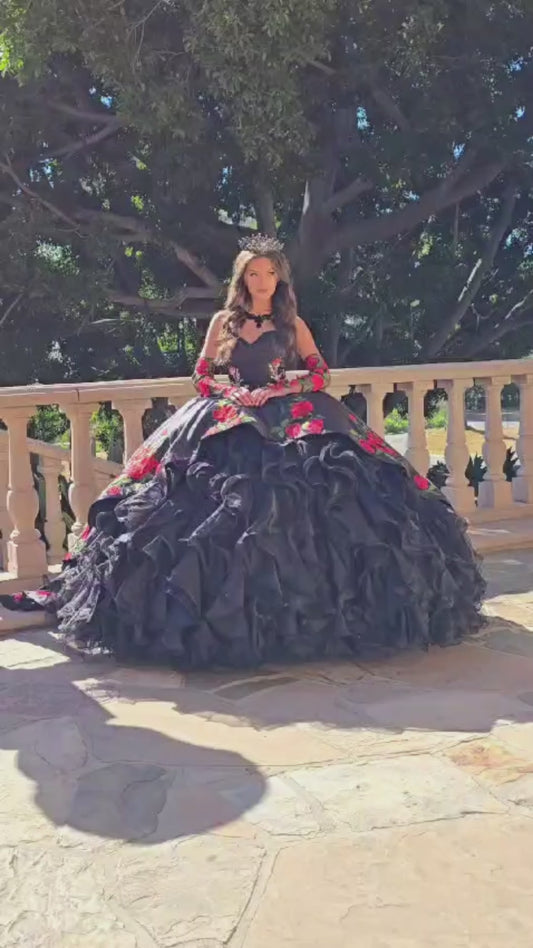 Quinceañera | Black Charro Organza Ballgown with Ruffled Overlays & Red Rose Design | Janelle dress video