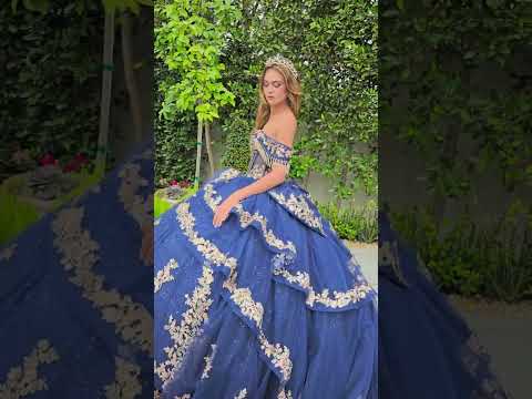 Navy Quinceañera Dress with Gold Embroidery and Detachable Bow