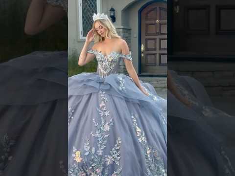 Dusty Blue Quinceañera Dress with 3D Butterfly and Flower Appliques and Detachable Train Bow