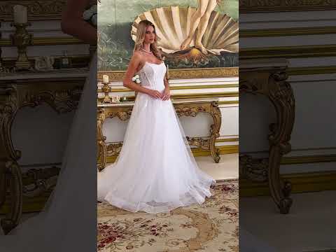 A-Line Wedding Gown with Strapless Boat Neck, Beaded Corset Bodice & Flowing Skirt