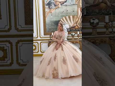 Champagne Quinceañera Dress with Bejeweled Grommets and Layered Glitter Mesh Skirt