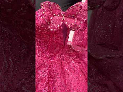 Quinceañera | Fuchsia Off-Shoulder Beaded Bodice with Crafted Lace Butterfly and Floral Appliqué Sweet 15 Ballgown | Martina J dress | 8 Colors Available