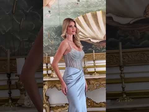 Dusty Blue Beaded Spaghetti Strap Prom Dress with Boat Neck Slit