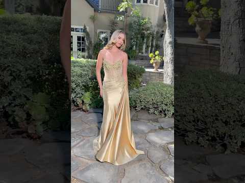 Mocha Gold Beaded Spaghetti Strap V-Neck Prom Dress with High Slit
