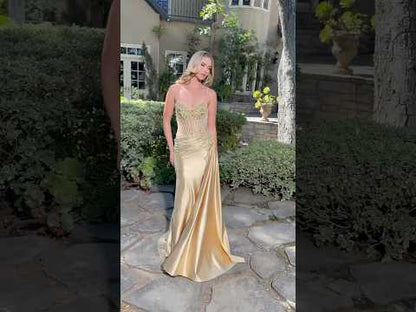 Mocha Gold Beaded Spaghetti Strap V-Neck Prom Dress with High Slit