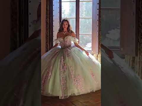Sage Lilac Quinceañera Dress See-through 3D Flowers, Embroidery, Bead bodice and Glitter Tulle