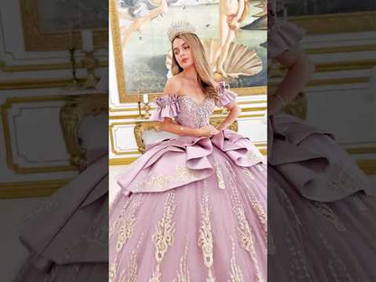 Mauve Ball Gown with Off-Shoulder Sleeves, V-Neck Corset, Peacock Feather Skirt, Train & Detachable Bow