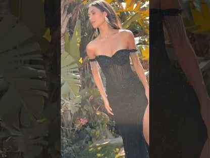 Black Off-Shoulder Beaded Mesh Prom Dress with High Slit