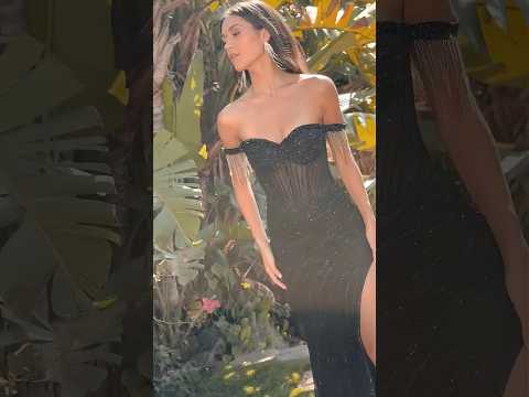 Black Off-Shoulder Beaded Mesh Prom Dress with High Slit