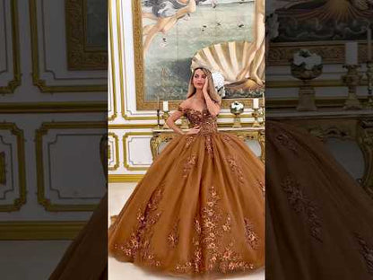 Brown Ball Gown with Off-Shoulder Straps, Beaded Corset Bodice, Glitter Tulle Skirt & Detachable Bow