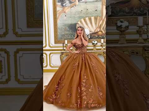Brown Ball Gown with Off-Shoulder Straps, Beaded Corset Bodice, Glitter Tulle Skirt & Detachable Bow