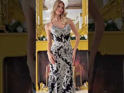 Black Bejeweled V-Neck Corset Prom Dress with Floral Embroidery & Straps
