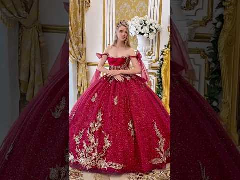 Burgundy Quinceañera Dress with Gold Embroidery, Tie-Able Off-Shoulder Straps and Detachable Bow