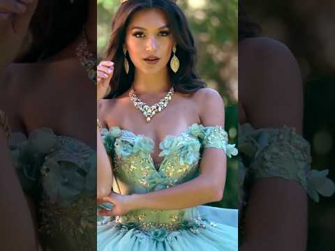 Sage Quinceañera Dress Off-Shoulder with 3D Flowers, Gems and Flowing Train