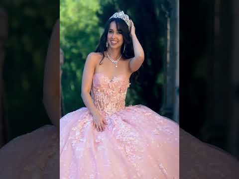 Blush Quinceañera Dress Long Train with 3D Flowers, Embroidered with Detachable Ruffle Sleeves