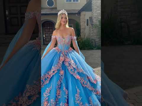 Bahama Blue Quinceañera Dress with 3D Butterfly Appliques, Detachable Cape Sleeves and Bow