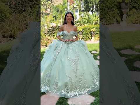 Sage Quinceañera Dress with Detachable Off-Shoulder Straps and Bow and Tiered Ruffle Skirt