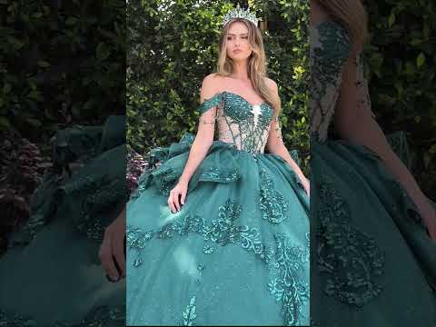 Video of Green Quinceañera Dress with Detachable Dangling Beaded Straps