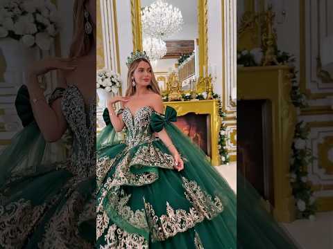 Green Quinceañera Dress with Gold Embroidery, Detachable Bows and Tiered Ruffle Skirt