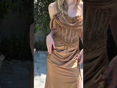 Video of Mocha Satin Evening Dress with Floral Embroidered Bodice