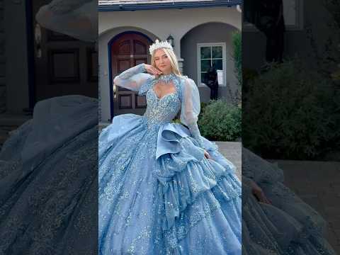 Dusty Blue Quinceañera Dress with Beaded Corset Bodice and Satin Ruffle Overskirt