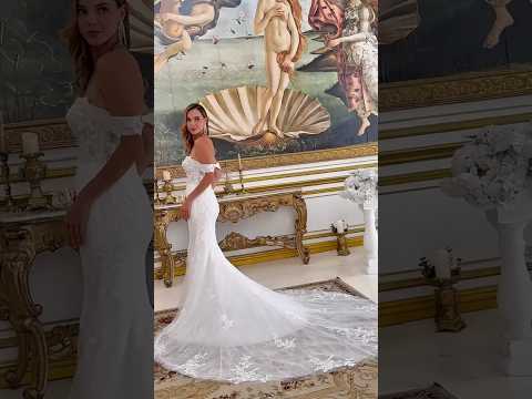 Fitted Wedding Gown with Detachable Off-Shoulder Straps & Sequined Lace Bodice