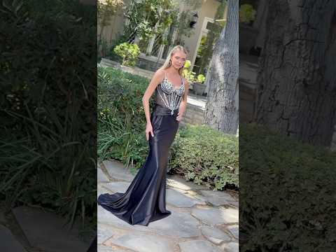 Black Bejeweled V-Neck Corset Prom Dress with Spaghetti Straps & Pleats