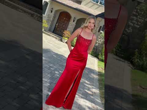 Red Satin Prom Dress with Crystal Beads