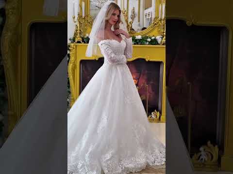 Ball Gown Wedding Dress with Off-Shoulder 3/4 Sleeves & Embroidered Hem