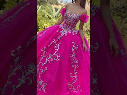 Fuchsia Ball Gown with Puff Sleeves, Butterfly Appliqués and Corset Bodice