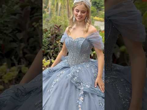 Dusty Blue Quinceañera Dress with Sheer Off-Shoulder Sleeves, Basque Waist and Detachable Bow
