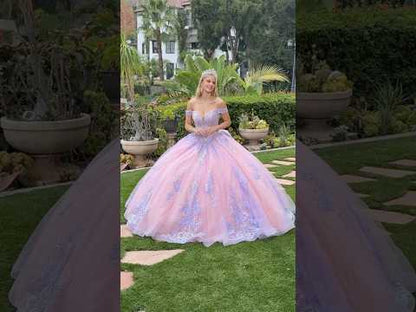 Two-tone Blush Lilac Ball Gown with Embellished V-Neck Corset, Glitter Skirt & Detachable Bow