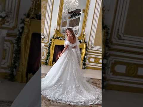 Off-Shoulder Wedding Dress with a Matching Train Style Veil