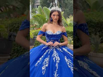 Blue Ball Gown with Pleated Off-Shoulder Straps and Glitter Details