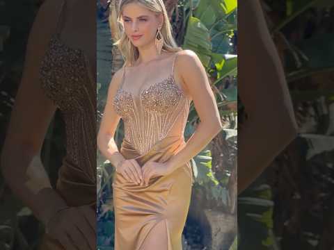 Gold Bejeweled Elegant V-Neck Corset Prom Dress with Slit & Spaghetti Straps
