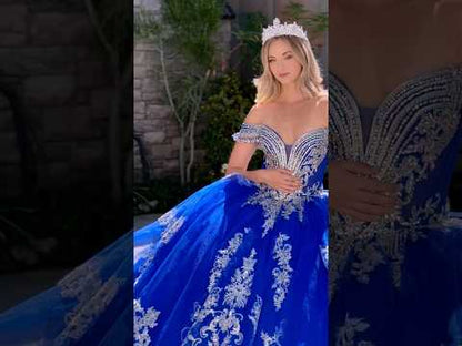 Royal Blue Off-Shoulder Ball Gown with V-Neck Corset, Embroidered Sequin Fringe & Detachable Bow